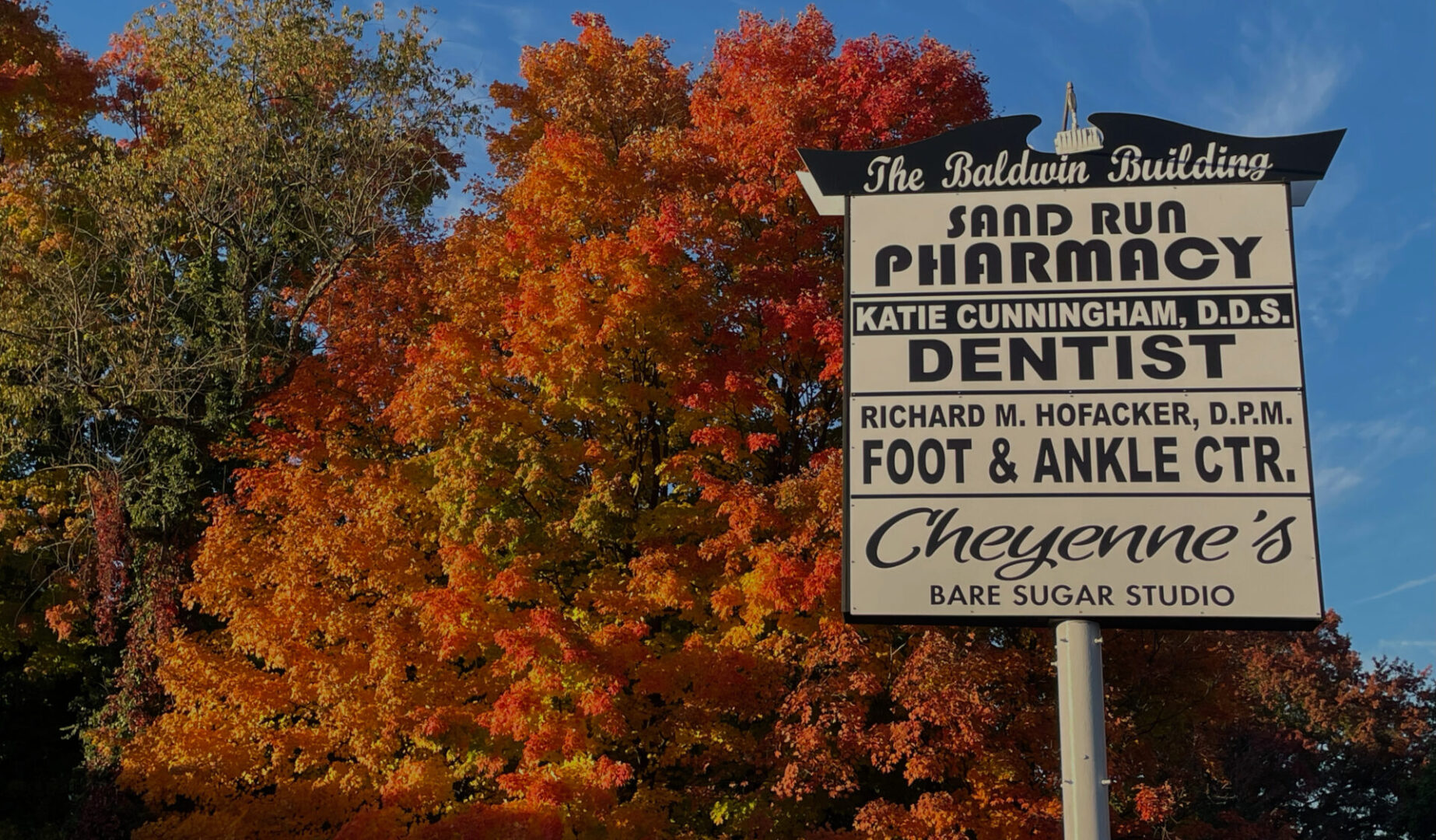 A sign in front of trees with autumn leaves.